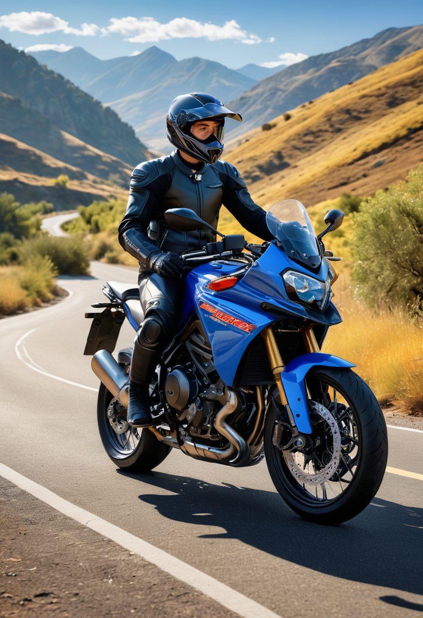 A confident motorcycle rider in full gear with a sleek bike parked beside them, contemplating various insurance options displayed as floating icons above. The background features a scenic road with rolling hills and vibrant blue skies, symbolizing freedom and adventure. Include a subtle hint of paperwork or contracts to represent insurance. The color palette should be bold and dynamic to capture the essence of riding. super-realistic. vibrant colors. scenic backdrop.