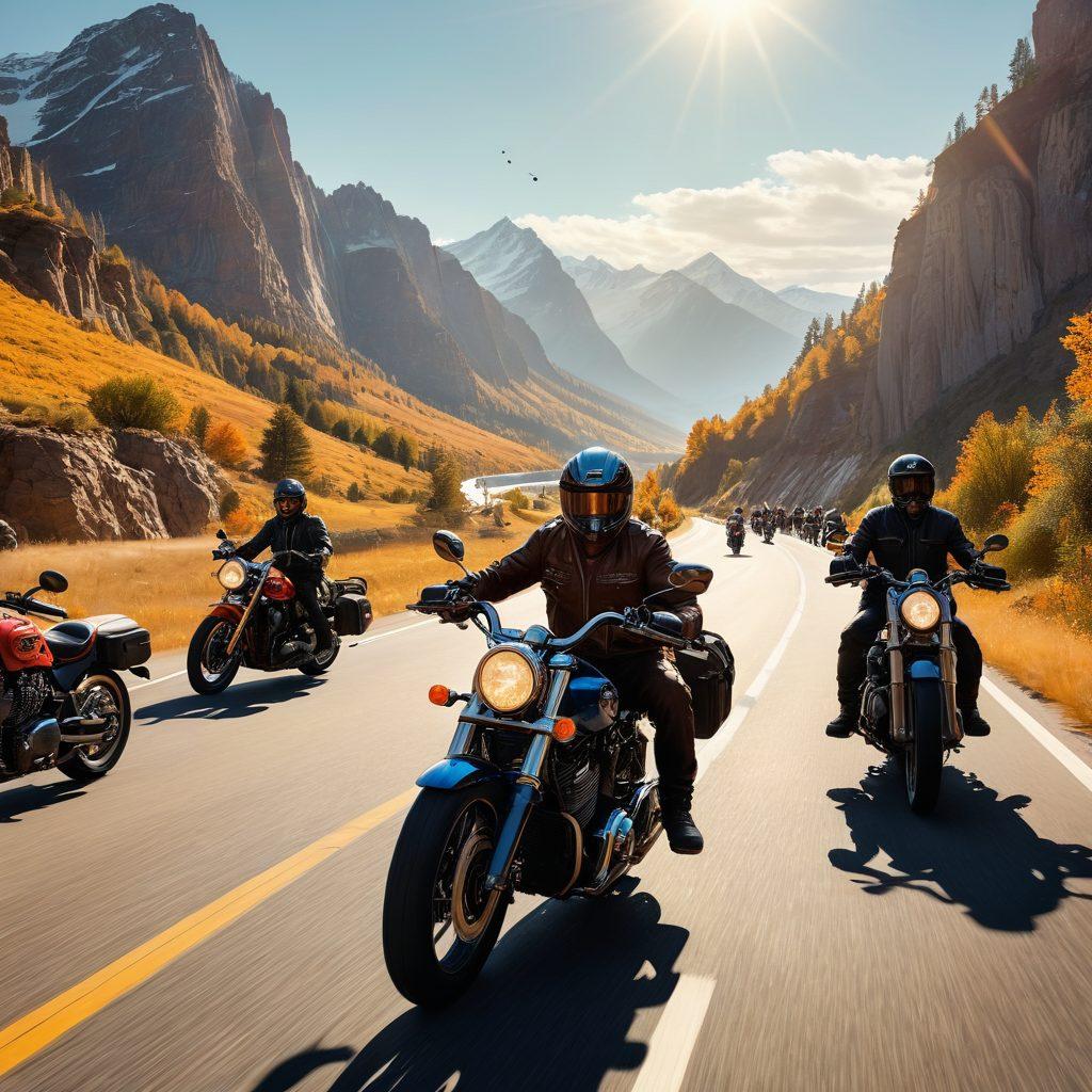 A vibrant illustration of a diverse group of motorcyclists on a scenic route, showcasing various types of bikes and gear. A picturesque landscape with mountains in the background adds depth. Incorporate symbols of protection like helmets and insurance documents subtly included in the scene. The overall mood should convey freedom and safety on the open road. super-realistic. vibrant colors. 3D.